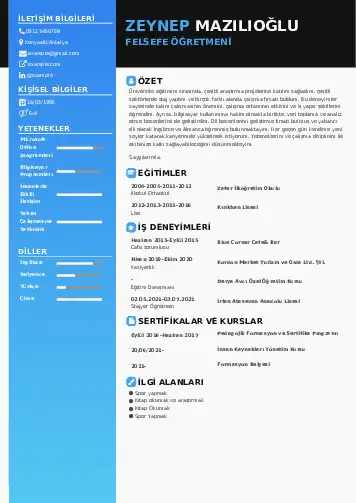 Felsefe Öğretmeni CV Örnekleri cv indir